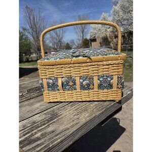 Vintage Wicker Sewing Basket Padded Birds & Floral Blue Fabric Woven Handle Tray